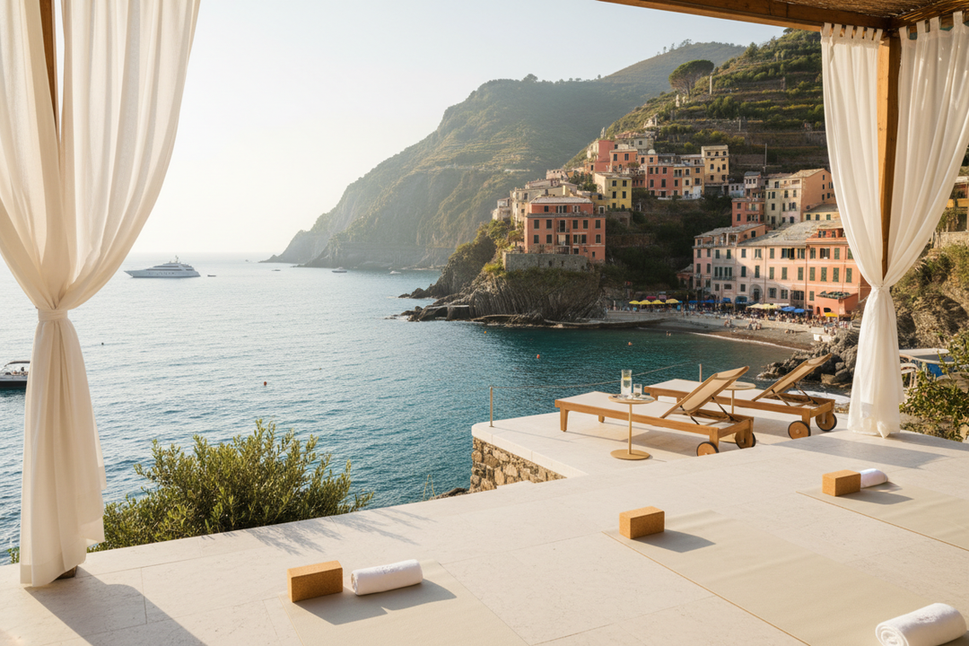 genereer een afbeelding van de ligurische kust die een sfeerimpressie geeft van het luxe yoga & swim event 